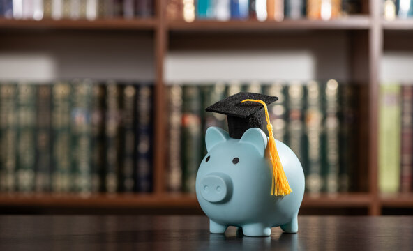 A conceptual image representing the cost of education, science funding, and financial literacy, featuring an academic cap and a piggy bank