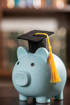A conceptual image representing the cost of education, science funding, and financial literacy, featuring an academic cap and a piggy bank