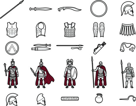Ancient Greek Warriors and Equipment: A collection of illustrations depicting ancient Greek warriors in full armor and a variety of military accouterments, including spears, swords, shields.