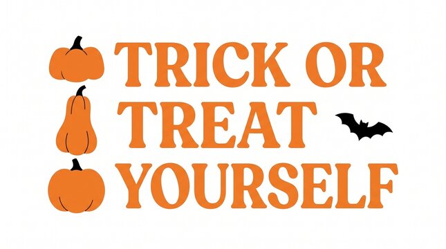 Trick or treat yourself text with orange pumpkins and a black bat silhouette