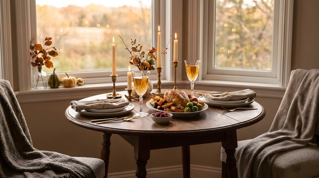Intimate Thanksgiving dinner for two on round wooden table near window with roasted poultry, wine glasses, burning candles, cranberry sauce, cozy chairs, and golden autumn landscape background