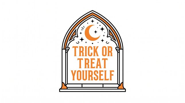 Trick or treat yourself typography in gothic arch frame with crescent moon