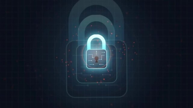 Futuristic Digital Padlock Animation with Glowing Blue Light on Dark Technical Grid Background