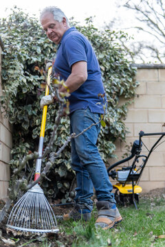 Senior man rake leaves in handmade home garden