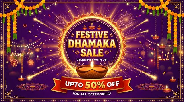 Festive dhamaka sale banner for diwali with fireworks and traditional oil lamps