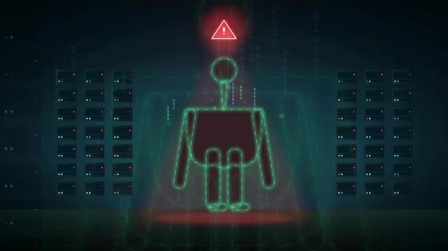 Futuristic Digital Humanoid Robot Silhouette with Red Warning Alert in Cyberpunk Data Center Environment