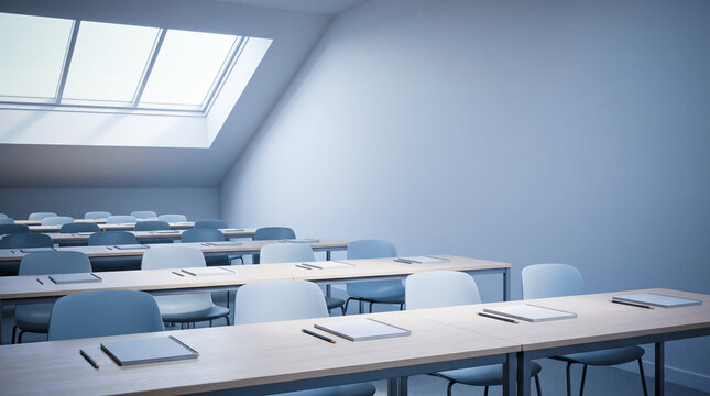 Rows of empty desks and chairs face a bright skylight. Light blue walls create a calm learning environment. Open notebooks and pencils lie on each desk. The space appears clean and ready for students
