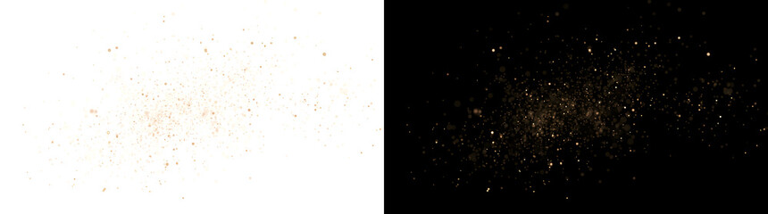 Gold dust particle explosion with glowing sparkles, PNG, Transparent and Black Background Versions for festive designs © Rubel