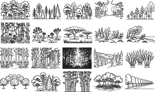 Collection of Forest Sceneries: A varied array of illustrated forest and woodland scenes, showcasing different tree types and landscapes.