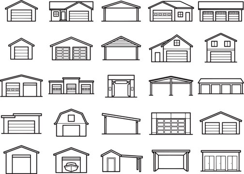 Garage Icons Collection: A diverse set of minimalist line art icons representing various garage structures, from single bays to multi-car designs and carports.