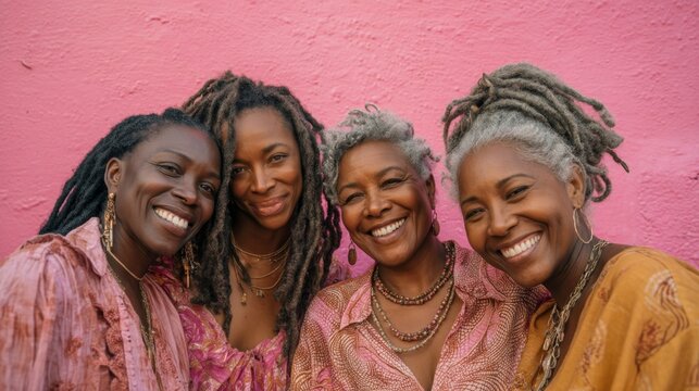Four joyful women smiling together against a vibrant pink background showcasing diversity and friendship in modern portrait photography. Generative AI