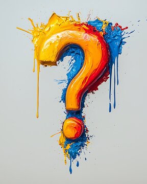Vibrant Question Mark Symbol: A dynamic and colorful question mark, rendered in a paint splash style, symbolizes inquiry, mystery, and the unknown, with bold hues of yellow, red, and blue.