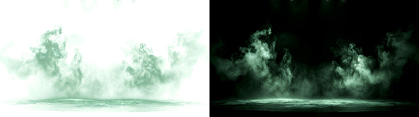Green smoke fog rising from a misty ground surface, PNG, Transparent and Black Background Versions for horror designs © Rubel