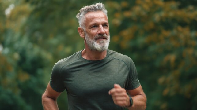 Active older man jogging in a green forest setting showcasing fitness and vitality. Embrace an active lifestyle with this inspiring image. Generative AI