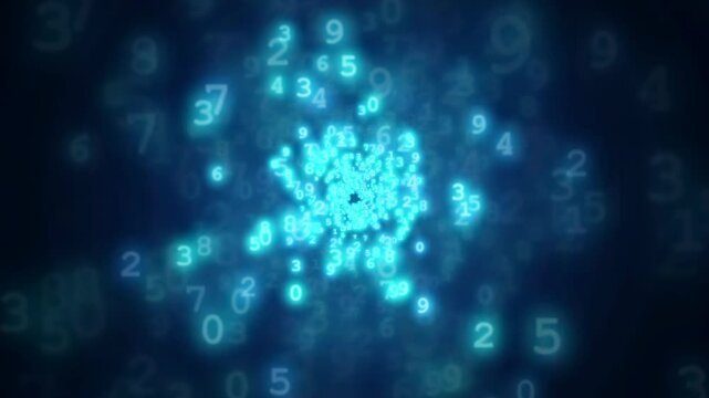 Abstract Digital Data Stream with Glowing Blue Numbers Floating in a Dark Cyber Space