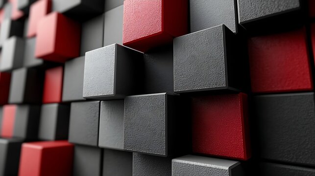 3D Cube Pattern: A striking arrangement of matte-finished cubes in black, gray, and red, creating a dynamic and textured geometric pattern. The varied depths and colors offer a modern abstract visual.