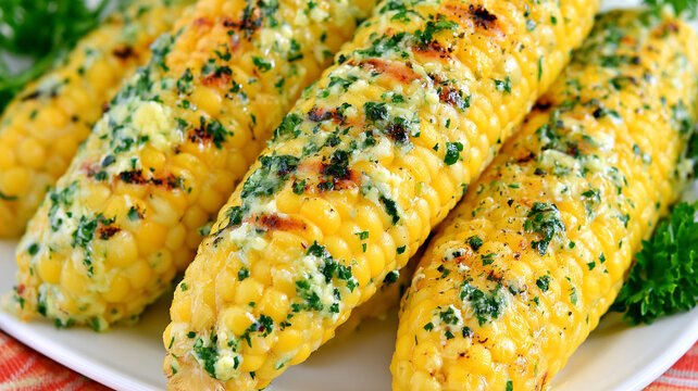 Delicious grilled corn cobs seasoned with butter and herbs on a white plate