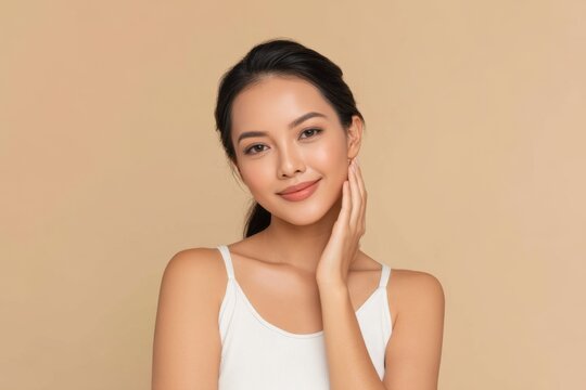 Smiling young woman touching her face with a gentle expression showcasing natural beauty and skin care. Perfect for wellness and beauty advertisements. Generative AI