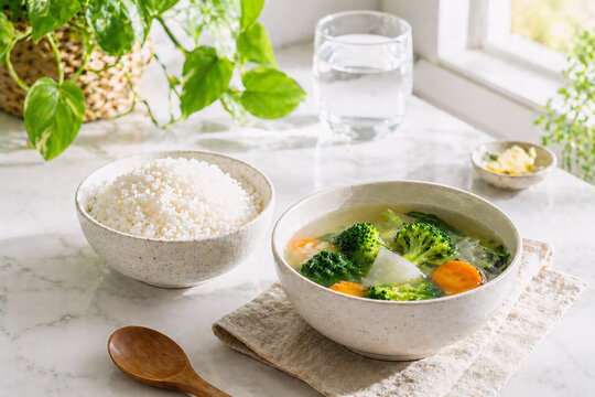 A steamed white rice bowl and clear vegetable soup on a marble countertop in a bright kitchen.
