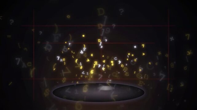 Abstract digital data stream with glowing golden numbers and symbols floating over a dark platform