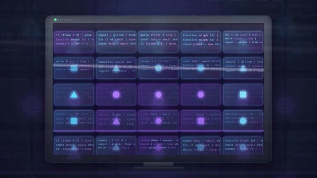 Digital screen displaying complex computer code and data processing with glitching visual effects