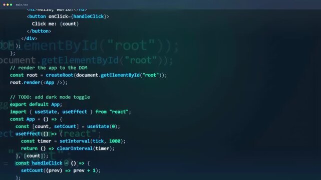 Close up of computer screen showing scrolling javascript react code in a dark mode editor