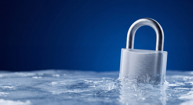Close-up of a silver padlock submerged in clear water with blue background symbolizing security, data protection, and encryption