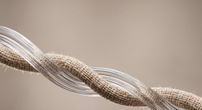 Macro shot of twisted beige jute and clear plastic twine strands on neutral background
