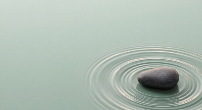 Smooth grey stone resting on calm water surface creating concentric ripples with ample copy space for design