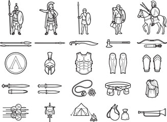 Naklejka premium Ancient Greek Warrior Icons: A collection of illustrative icons representing ancient Greek warriors, their armor, weapons, and symbols, depicting historical military themes.
