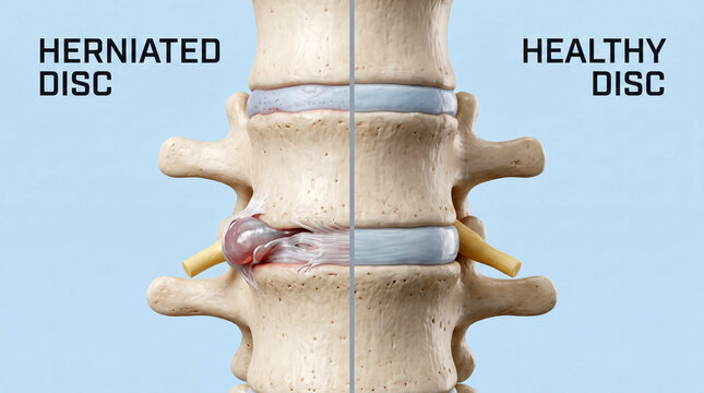 Herniated disc compared to healthy disc in spinal anatomy