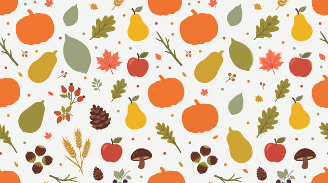 A delightful autumn vector background featuring pumpkins pears apples leaves and berries perfect for thanksgiving celebrations and fall themed designs