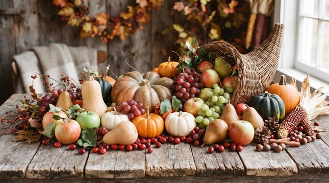 Cornucopia with harvest fruits and pumpkins on a rustic wooden table