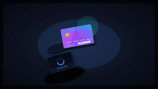 Digital Platinum Credit Card Floating in Abstract Dark Space with Loading Animation for Online Financial Transaction Security Concept