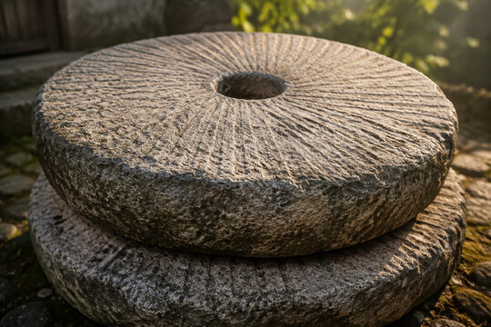 Two massive, weathered stone millstones with concentric grooves in soft morning light.
