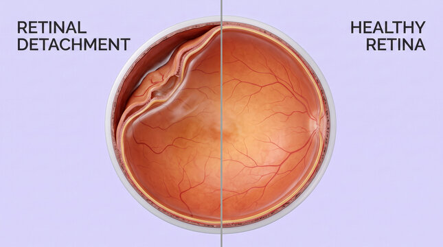 Retina detachment compared to healthy retina in eye cross section