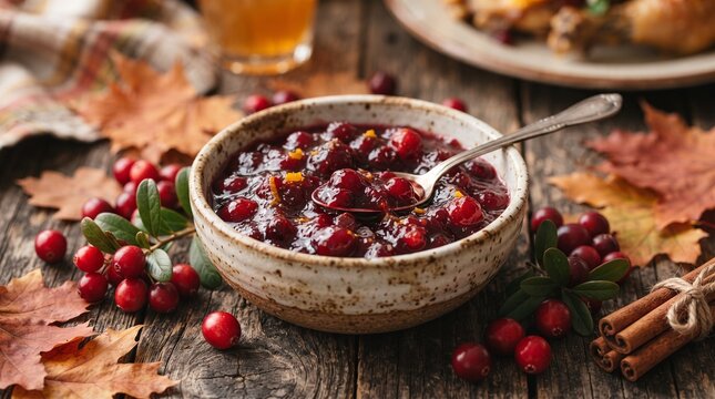 Cranberry sauce in a speckled bowl with fresh berries and autumn leaves