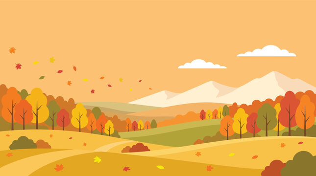 A vibrant autumn landscape featuring falling leaves pumpkins and a picturesque mountain range perfect for thanksgiving and fall themed designs and celebrations