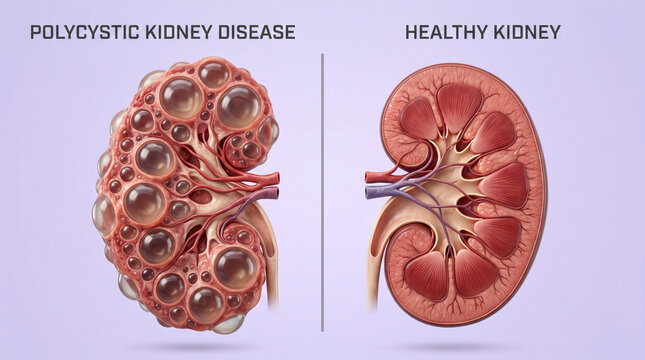 Polycystic kidney disease compared to healthy kidney structure