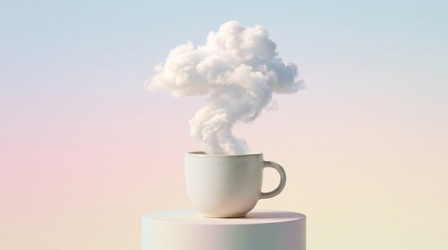 ​AI-generated minimalist white coffee cup on podium ,conceptual illustration of coffee mug emitting fluffy cloud on pastel gradient backdrop.