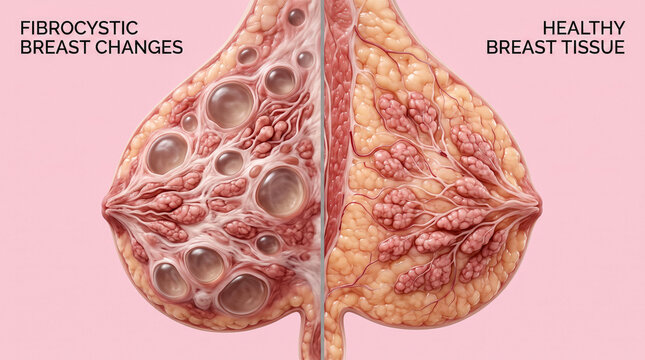 Fibrocystic Breast Changes Compared to Healthy Tissue in Medical Diagram