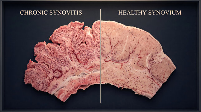 Chronic synovitis tissue compared to healthy synovium in medical context