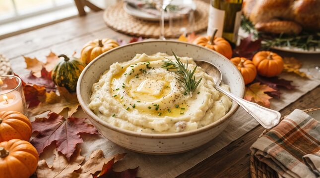 Mashed potato bowl with melting butter, rosemary, and autumn leaves