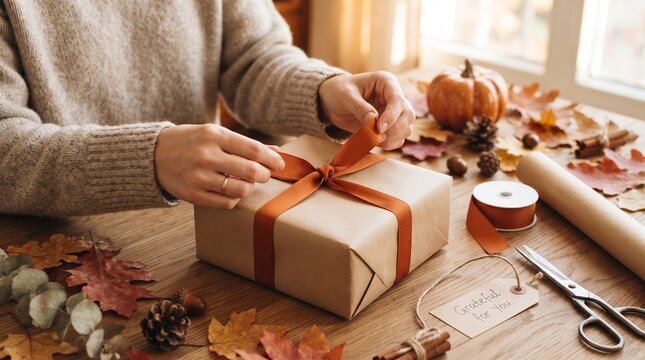 Person wrapping a gift box with orange ribbon on a wooden table with autumn leaves