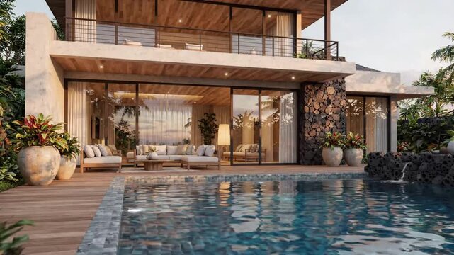 Contemporary poolside villa framed by tropical green plants.