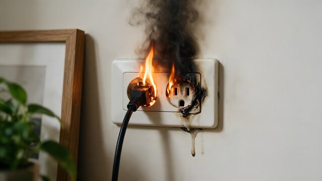 Electrical wall outlet catching fire with black smoke and melting plastic components showing severe damage from a short circuit disaster inside a residential living room
