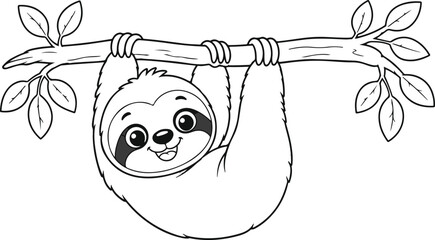 Naklejka premium Sloth hanging from a branch is depicted in a black and white vector illustration