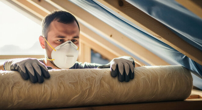 Man in a protective mask installing thermal insulation layer under the roof in a bright setting