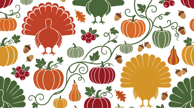 A vibrant and delightful autumn thanksgiving vector background featuring pumpkins turkeys leaves and grapes perfect for seasonal designs and festive celebrations