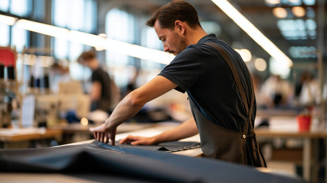 rear view of a young tailor working in a bright textile factory, back to camera, manufacturing concept, craftsmanship, industrial, bright, with copy space